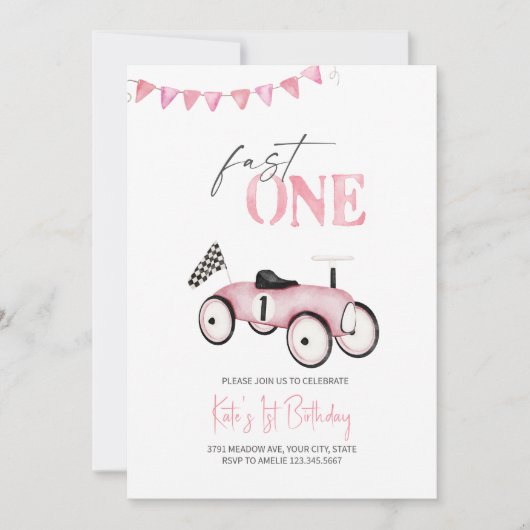 ピンクレトロレースカーライドオン誕生日招待状 招待状 (正面)