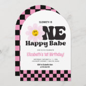ピンクレトロワンハッピーバーベー1歳 招待状 (正面/裏面)