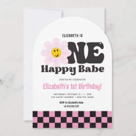 ピンクレトロワンハッピーベイブ1歳誕生日 招待状