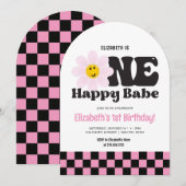 ピンクレトロワンハッピーベイブ1歳誕生日 招待状 (正面/裏面)
