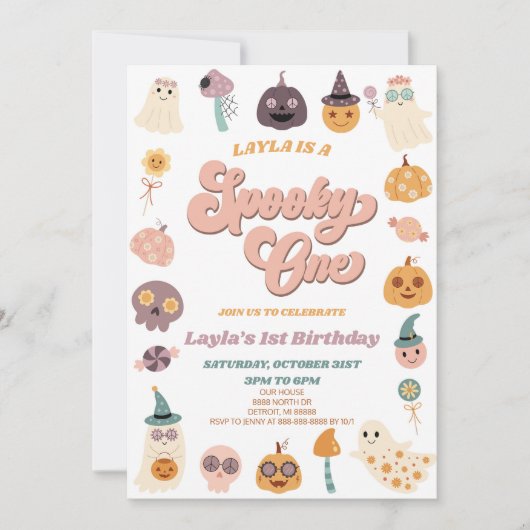ピンクレトロ不気味ハロウィーン1歳のパーティー 招待状 (正面)