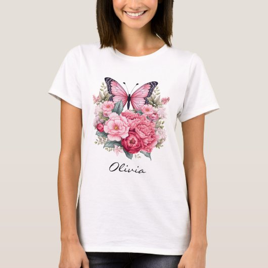 ピンクレトロ水彩蝶と花 Tシャツ (正面)