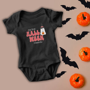 ピンクレトロ私の最初のハロウィーンかわいい幽霊 ベビーボディスーツ