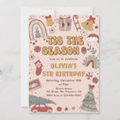 ピンクレトロ虹クリスマスツリーバースデー 招待状 (正面)