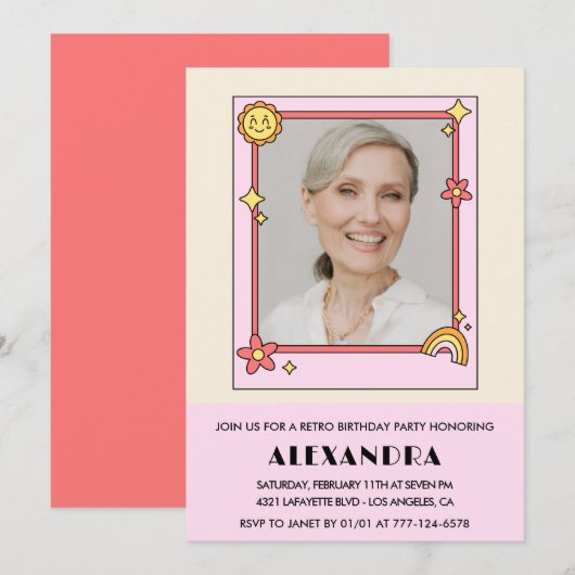 ピンクレトロ70年代グルーヴィー写真84歳の誕生日 招待状 (正面/裏面)