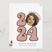 ピンクレトロGroovyおもしろいスクリプトワイルドフラワー卒業 招待状 (正面/裏面)