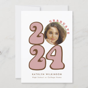 ピンクレトロGroovyおもしろいスクリプトワイルドフラワー卒業 招待状