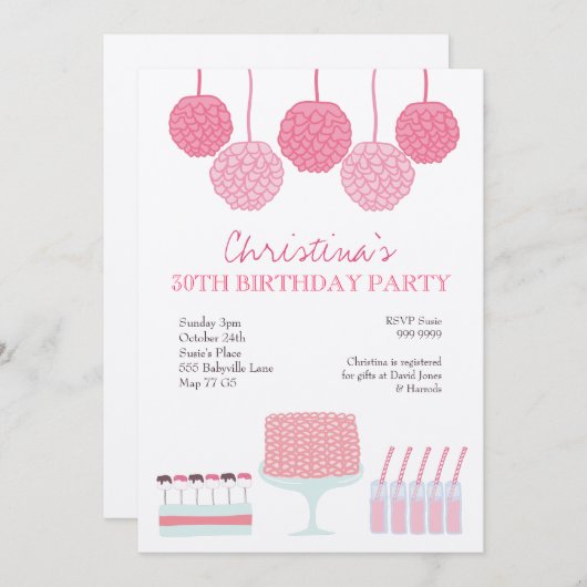 ピンクレモネードガールズパーティーラッフルケーキ招待状 招待状 (正面/裏面)