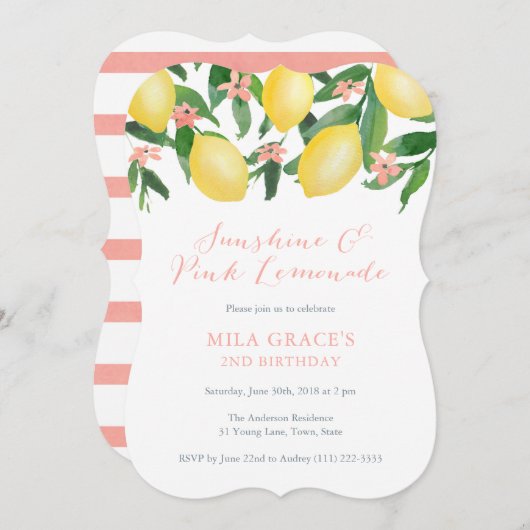 ピンクレモネードガールレモンズバースデーパーティー 招待状 (正面/裏面)