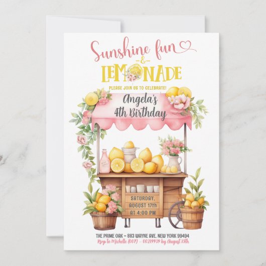 ピンクレモネードスタンドキッズ誕生日 招待状 (正面)