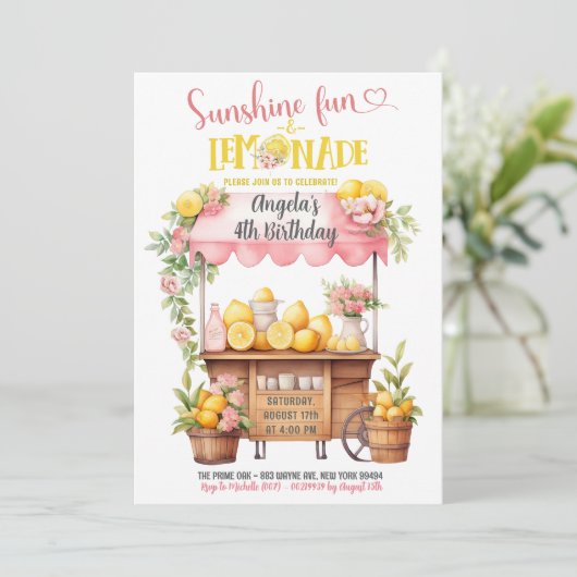 ピンクレモネードスタンドキッズ誕生日 招待状 (スタンド正面)