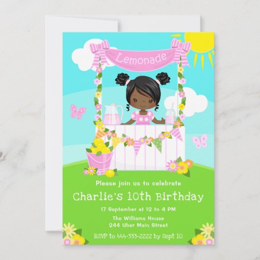 ピンクレモネードスタンド誕生日ダークスキンガール 招待状 (正面)