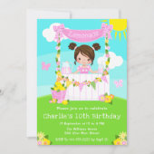 ピンクレモネードスタンド誕生日ブラウンヘアガール 招待状 (正面)
