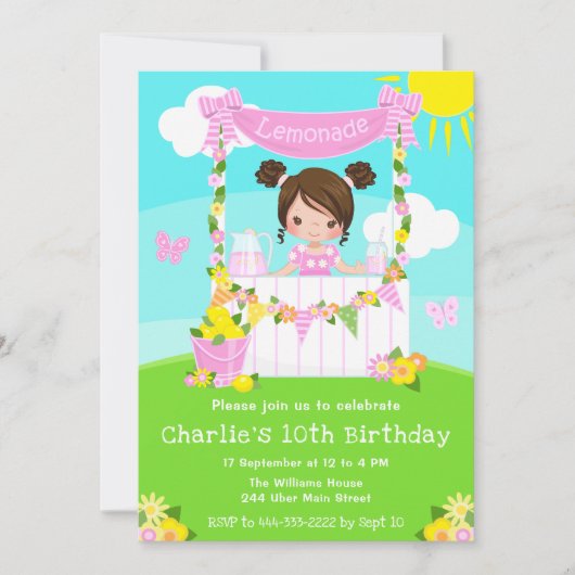 ピンクレモネードスタンド誕生日ブラウンヘアガール 招待状 (正面)