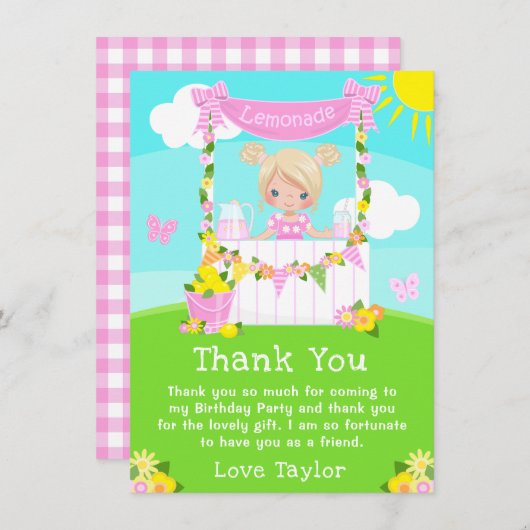 ピンクレモネードスタンド誕生日ブロンドヘアガール サンキューカード (正面/裏面)