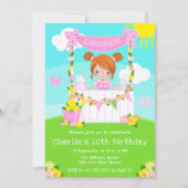 ピンクレモネードスタンド誕生日レッドヘアガール 招待状 (正面)