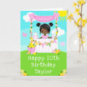 ピンクレモネードダークスキンガールハッピーバースデー カード (黄色い花)