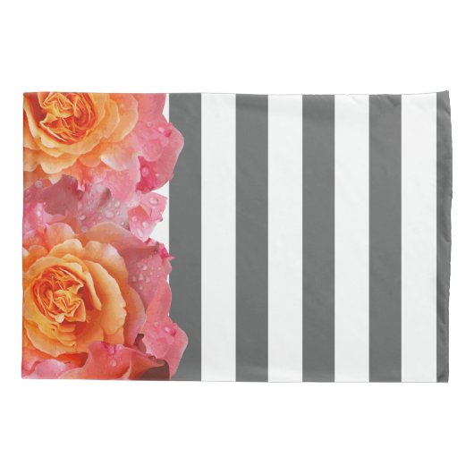 ピンクレモネードバラ&厚い白いグレーストライプ 枕カバー (裏面)