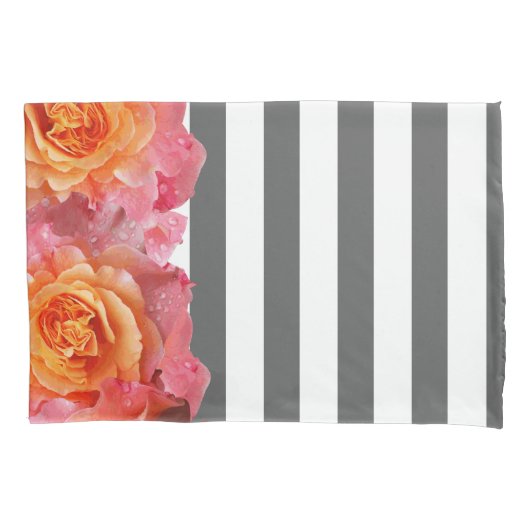 ピンクレモネードバラ&厚い白いグレーストライプ 枕カバー (正面)