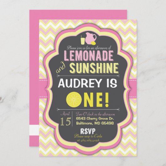 ピンクレモネードファースト誕生日シェブロン招待状 招待状 (正面/裏面)