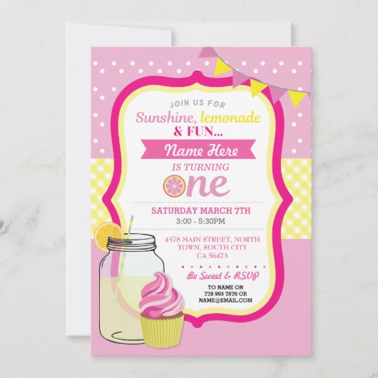 ピンクレモネードファースト1stワンバースデーパーティー招待状 招待状 (正面)