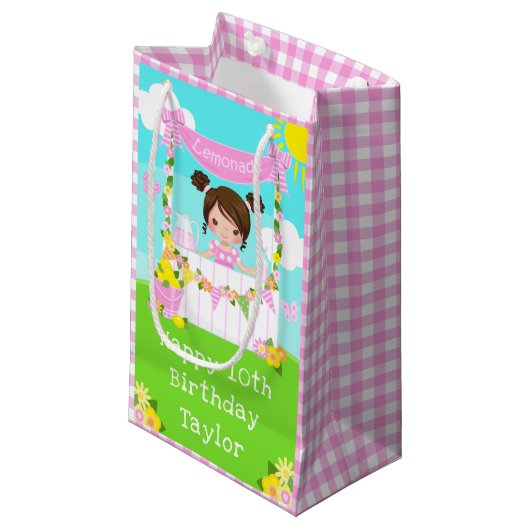 ピンクレモネードブラウンヘアガールハッピーバースデー スモールペーパーバッグ (正面アングル)