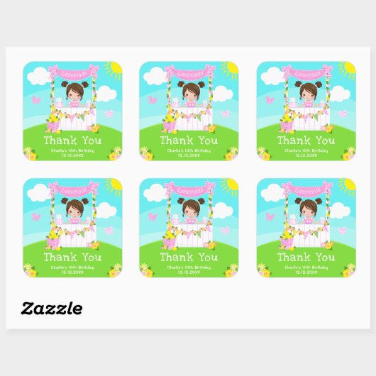 ピンクレモネードブラウンヘアガール誕生日サンキューサンキュー スクエアシール (シート)