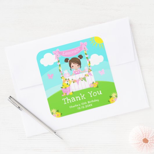 ピンクレモネードブラウンヘアガール誕生日サンキューサンキュー スクエアシール (封筒)