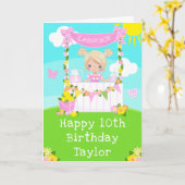 ピンクレモネードブロンドヘアガールハッピーバースデー カード (黄色い花)