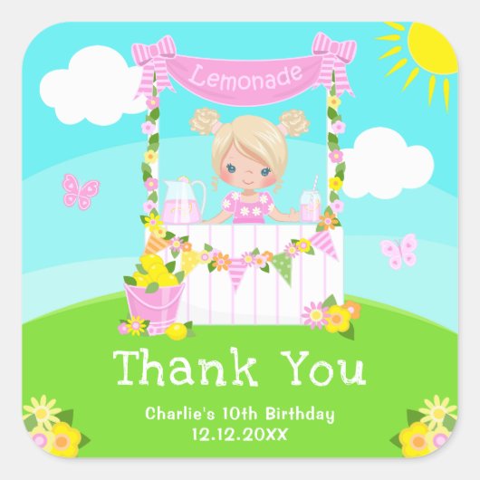ピンクレモネードブロンドヘアガール誕生日サンキューサンキュー スクエアシール (正面)