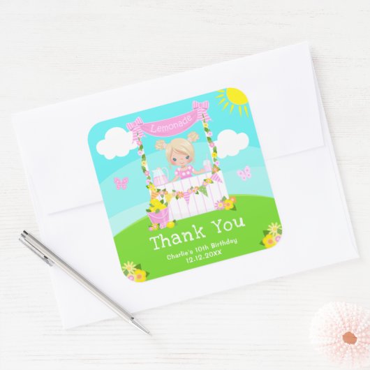 ピンクレモネードブロンドヘアガール誕生日サンキューサンキュー スクエアシール (封筒)