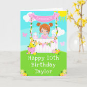 ピンクレモネードレッドヘアガールハッピーバースデー カード (黄色い花)