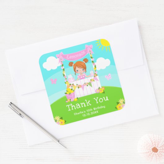 ピンクレモネードレッドヘアガール誕生日サンキューユー スクエアシール (封筒)