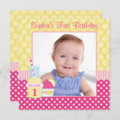 ピンクレモネード水玉模様1stバースデーフォト 招待状 (正面/裏面)