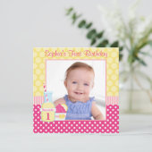 ピンクレモネード水玉模様1stバースデーフォト 招待状 (スタンド正面)