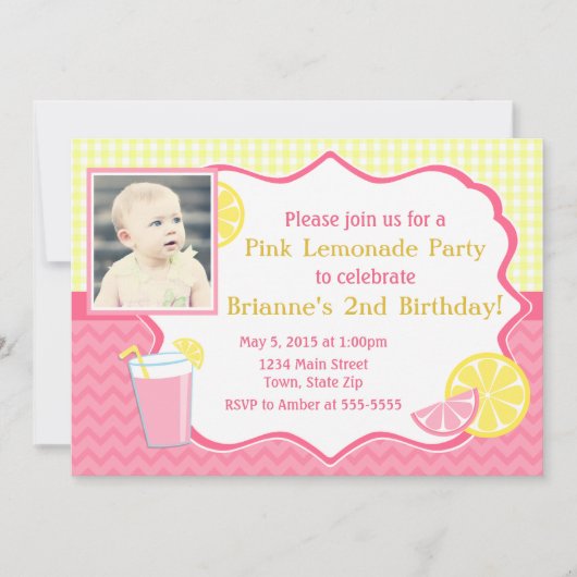 ピンクレモネード誕生日招待状5 x 7フォトカード 招待状 (正面)