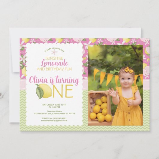 ピンクレモネード1stバースデーフォト招待状 招待状 (正面)