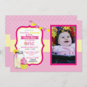 ピンクレモネード ファースト 1歳 誕生日パーティー 写真 招待状 (正面/裏面)