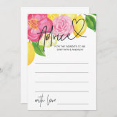 ピンクレモンフローラベビーシャワーアドバイスゲームカード 招待状 (正面/裏面)