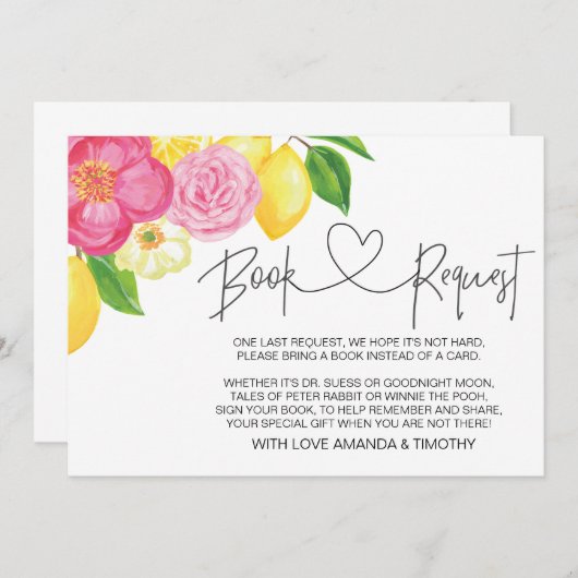ピンクレモンフローラ赤ちゃんシャワーブックリクエストカード 招待状 (正面/裏面)