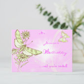 ピンクレモンライムバタフライ誕生日RSVPカード 招待状 (スタンド正面)
