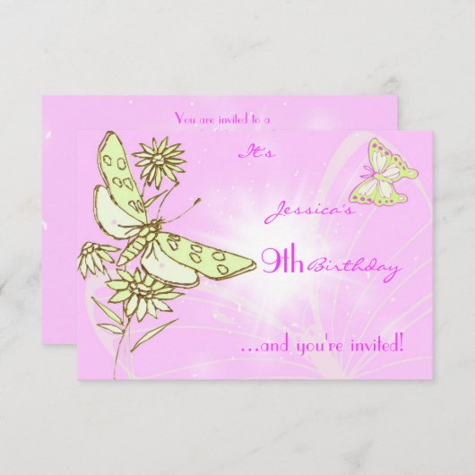 ピンクレモンライムバタフライ誕生日RSVPカード 招待状 (正面/裏面)