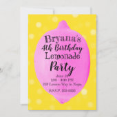 ピンクレモンレモネードイエローバースデーパーティー 招待状 (正面)