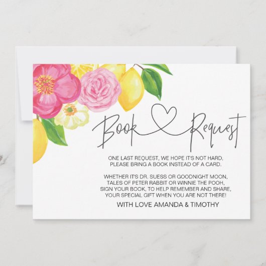 ピンクレモン花柄ベイビーシャワーブックリクエストカード 招待状 (正面)