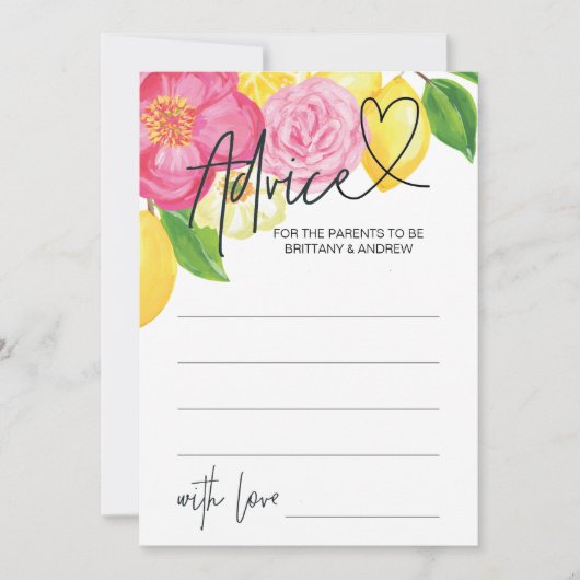 ピンクレモン フラワーベイビーシャワー アドバイス ゲーム カード (正面)