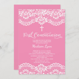 ピンクレーかわいらしスファーストホリーコミュニオン招待状 招待状