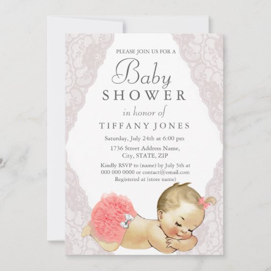 ピンクレースその女の子ヴィンテージベビーシャワー招待状 招待状 (正面)