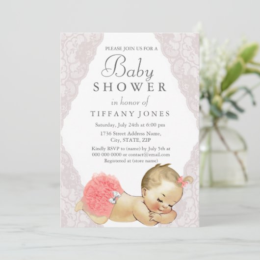 ピンクレースその女の子ヴィンテージベビーシャワー招待状 招待状 (スタンド正面)
