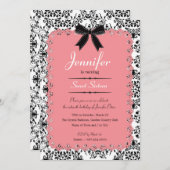 ピンクレースとブラック&ホワイトダマスクスウィート16 5x7 招待状 (正面/裏面)