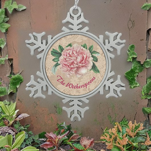 ピンクレースのラブリーピンクピーフェイクニー スノーフレークピューターオーナメント